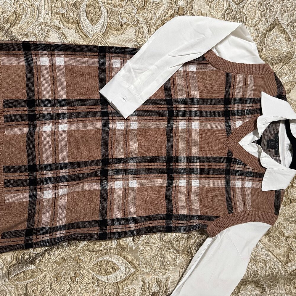 Tahari Neutral Collared Plaid Twofer Sweater Mini Dress